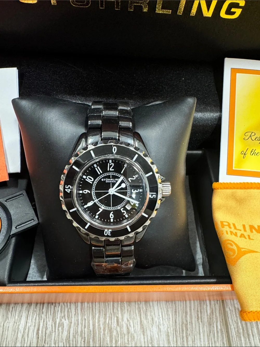 STUHRLING ORIGINAL Black Ceramic Women's Bracelet Watch
